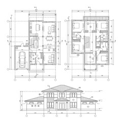Fototapeta premium Architectural set including floor plans and front elevation.