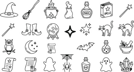 Halloween magic and witchcraft icons set witch broom cauldron spells potions © Saiful