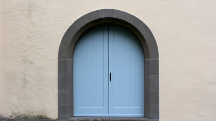 Fototapeta premium Charming Arched Blue Wooden Door in a Cream-Colored Mediterranean Wall, a Timeless Architectural Detail on a Sunny Day