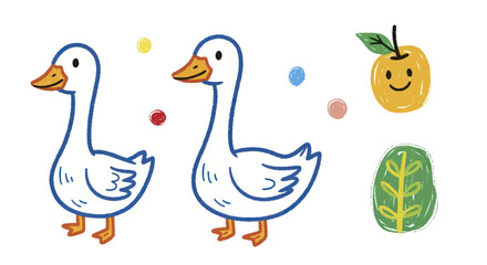 Two adorable cartoon geese with a smiling apple and a green leaf illustration. © Berkah
