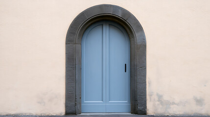 Fototapeta premium Arched stone doorway framing a classic light blue wooden door set against a pale yellow textured wall in an old European building