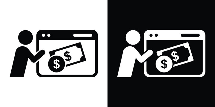 Vector icon showing a user interacting with cash bills and coins on a browser window, ideal for digital wallet and web payment concepts.