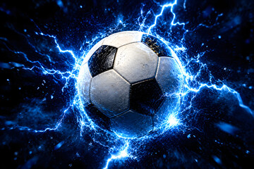 Fototapeta premium Electric Soccer Ball with Blue Lightning Energy on Dark Background