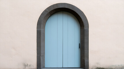 Fototapeta premium Arched Entryway with Light Blue Doors and Pale Pink Wall, Minimalist Mediterranean Architecture, Historic Building Exterior, Old World Charm