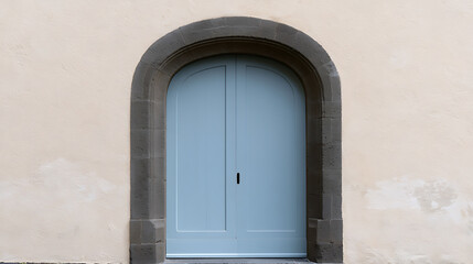 Fototapeta premium Architectural Detail: A Light Blue Arched Wooden Door with a Dark Frame Set Against a Subtle Beige Textured Wall, Evoking Rustic Charm