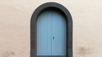 Fototapeta premium A serene light blue arched wooden door provides a striking contrast against a textured cream colored wall, evoking a feeling of calm and mystery