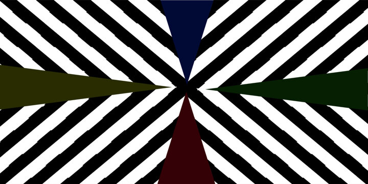 An abstract geometric Op Art vector background featuring a dynamic radial sunburst starburst pattern in high-contrast black and white.