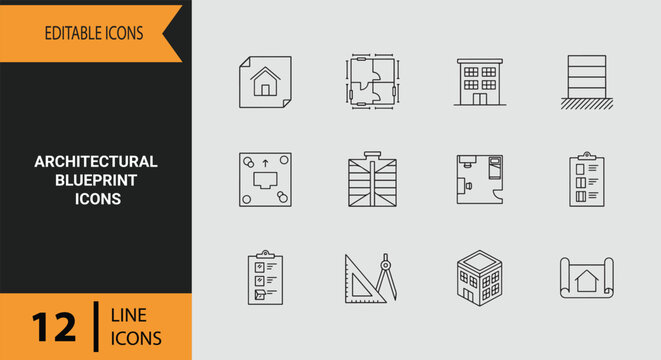 Architectural Blueprint Line Art Icon Set For Technical Building Design And Construction Layouts