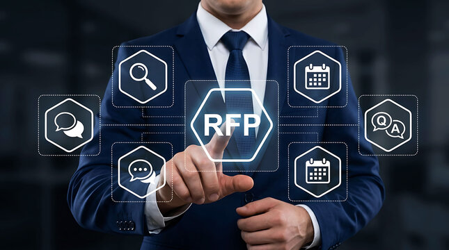 Businessman touching RFP icon on virtual screen for request for proposal