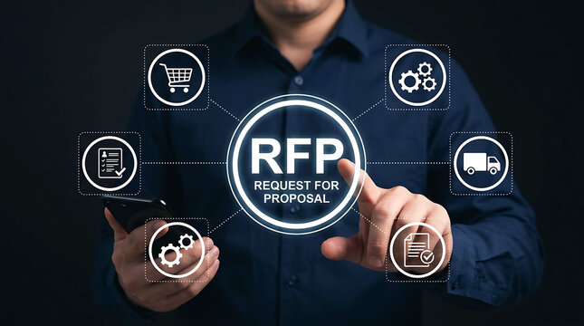 rfp, proposal, request, business, businessman, smartphone, procurement, process, management, contract, digital, icon, logistics, document, planning, corporate, gear, project, strategy, solution