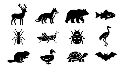 Naklejka premium North American Forest Wildlife and Insects Solid Silhouette Vector Icon Set Featuring Deer Fox Bear Fish Ant Grasshopper Ladybug Heron Beaver Duck Turtle and Bat