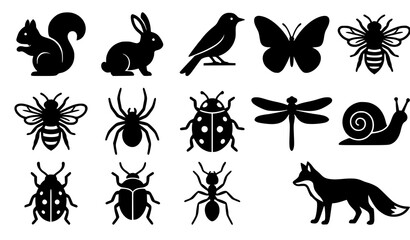 Woodland Wildlife and Garden Insects Solid Silhouette Vector Icon Set Featuring Squirrel Rabbit Bird Butterfly Bee Ladybug Snail and Fox Elements © Hosneara