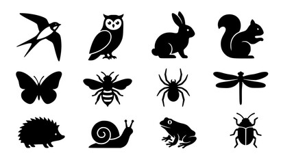 Woodland Animals and Garden Insect Wildlife Solid Silhouette Vector Icon Set Featuring Owl Rabbit Squirrel Butterfly Bee Hedgehog and Frog Elements © Hosneara