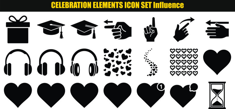 Collection of graduation caps hands hearts headphones and an hourglass in a two tone style cap mortarboard pointing finger open