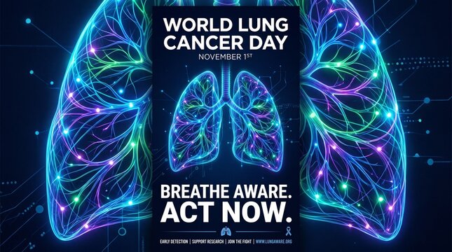 World Lung Cancer Day awareness poster with glowing lungs