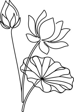Minimalist continuous line art of lotus flower and leaf.