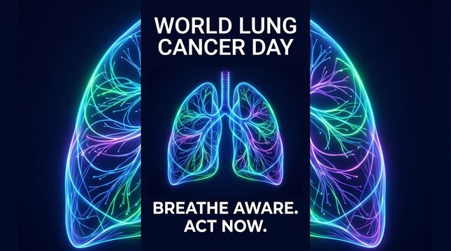 World Lung Cancer Day awareness poster with glowing lungs