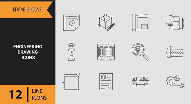 Engineering Drawing Layout Line Icon Set For Mechanical Systems and Technical Plan Design