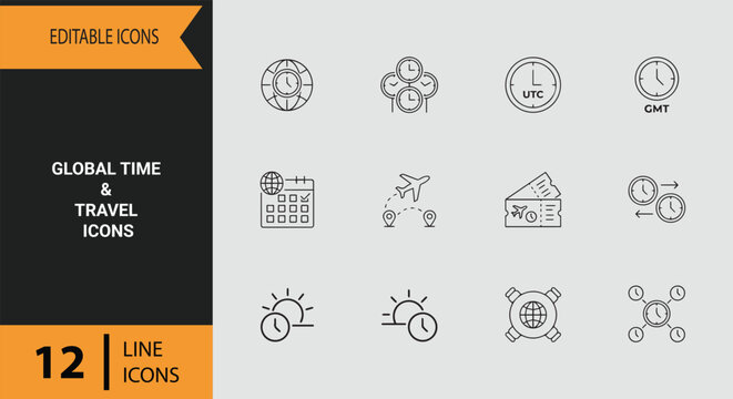Global Time Zone Travel Management Line Icon Set For Logistics and International Business