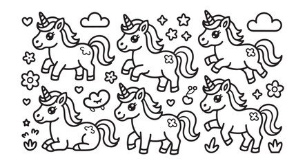 Fototapeta premium Editable Stroke Unicorn Outline Icons for Nursery Stickers and Coloring Pages