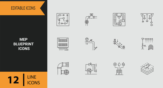 MEP Blueprint Layout Outline Icon Collection For Mechanical Electrical And Plumbing Engineering