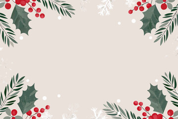 Holly and berry floral ornament with winter foliage beige background © Tasnim