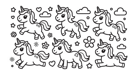 Obraz premium Cute Unicorn Outline Icon Set with Editable Stroke for Kids and Fantasy Designs