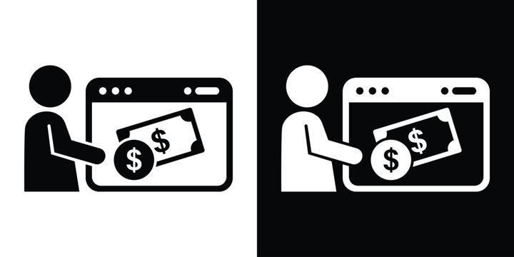 Vector icon showing a user interacting with cash bills and coins on a browser window, ideal for digital wallet and web payment concepts.