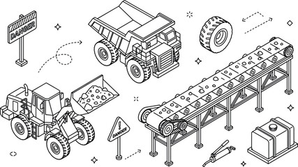 Isometric Quarry Mining and Open Pit Construction Equipment Vector Line Art Set with Wheel Loader, Dump Truck, Conveyor System, and Danger Warning Signs © KP Studio