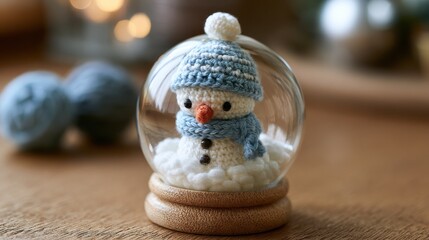 Obraz premium Miniature glass snow globe containing a tiny crochet snowman and yarn snow, festive holiday concept.