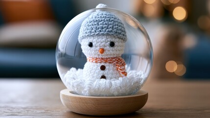 Obraz premium Miniature glass snow globe containing a tiny crochet snowman and yarn snow, festive holiday concept.