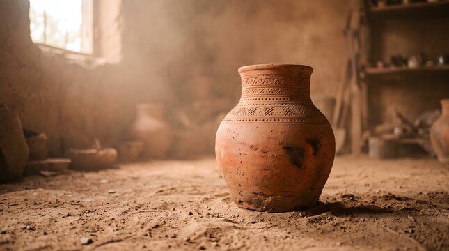 Traditional alabaster jar with etched patterns in a sunlit workshop