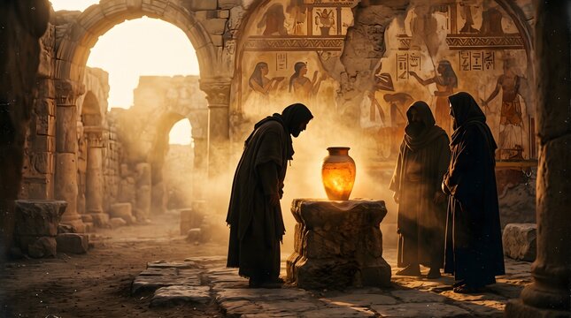 Robed figures observing a glowing alabaster jar in an ancient temple