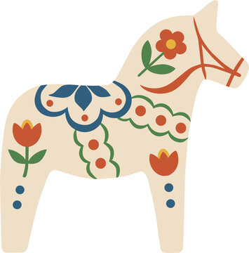 Swedish Dala horse vector illustration isolated on white background. Traditional Dalecarlian horse folk art symbol from Sweden with kurbits floral pattern.