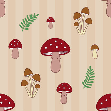 Cute mushroom seamless pattern on beige striped background. Vector illustration of red fly agaric, brown wild mushrooms, and fern leaves for fabric, wallpaper, and packaging design.