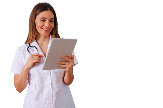 Female doctor using digital tablet, smiling, showing healthcare technology, professional medical staff, transparent background
