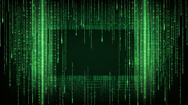 Glowing Green Digital Matrix Code Cascading Through Circuit Network Toward Cybersecurity Innovation Perfect for Presentation Advertising