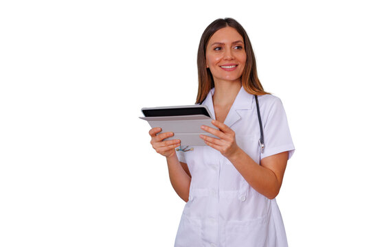 Female doctor using medical tablet for digital health data management, smiling professional at work on transparent background