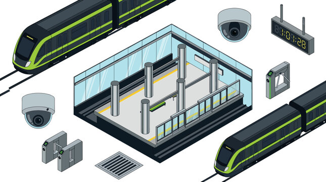 Isometric Subway Station Vector Set with Modern Green Metro Trains Glass Platform Security Cameras Turnstile Gates and Digital Timer