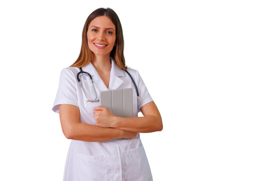 Young female doctor smiling and holding tablet, wearing white lab coat and stethoscope, healthcare professional