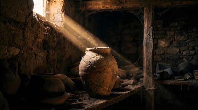 Ancient alabaster jar illuminated by a beam of light in a dark cellar
