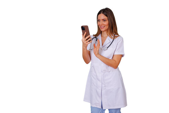 Female doctor waving during video consultation using smartphone, offering telemedicine and remote healthcare service, transparent background