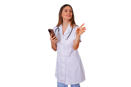 Female doctor holding smartphone and gesturing, providing telehealth services, online medical consulting and healthcare support on transparent background