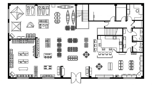 Outdoor sporting goods retail store floor plan CAD with camping gear canoes and caf&eacute;

