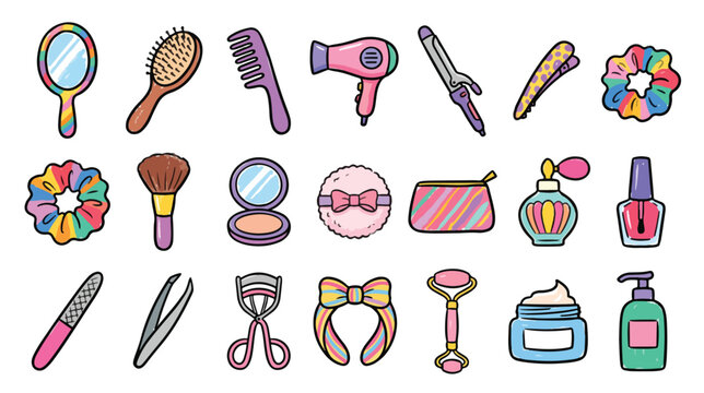 Crayon Beauty Accessories Icon Set Vector Illustration