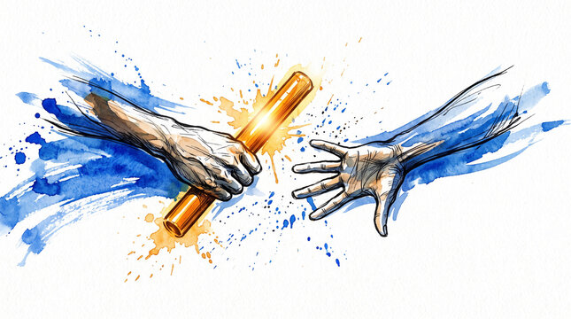 Blue amber watercolor ink relay baton handoff, representing HR succession planning, leadership transition, knowledge transfer and organizational continuity concept