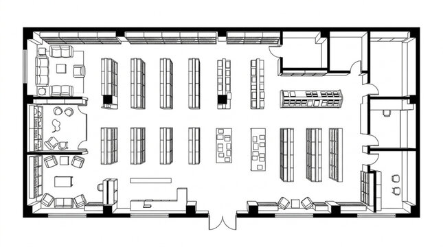 Furniture showroom retail floor plan CAD with display shelving lounge seating and storage
