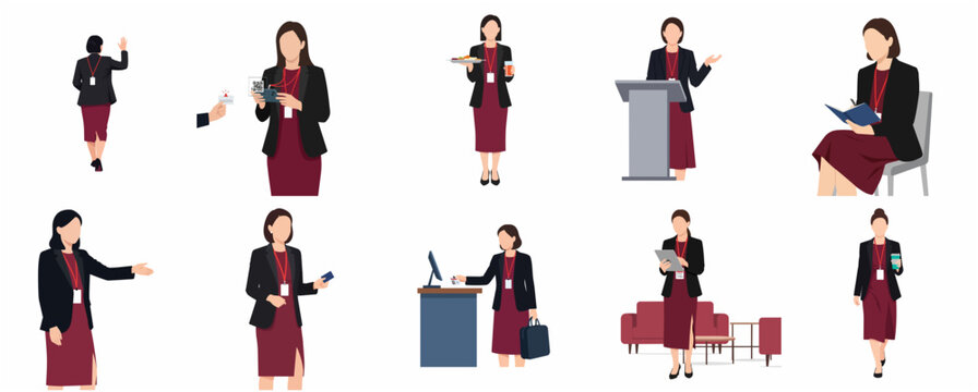 Collection of female event organizer characters in various professional poses for corporate seminars and conferences