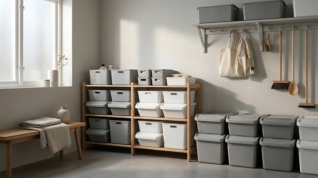 Organized storage shelves with plastic bins inside a clean home garage or workshop. stackable bin setup