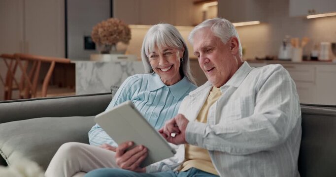Senior, couple and planning in home with tablet, research interior design or online shopping for house. Married, people and pensioner talk in lounge with tech, ecommerce website and point for decor